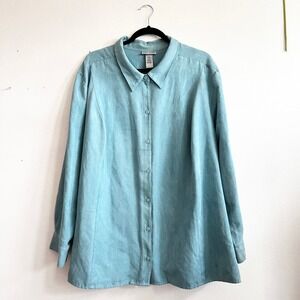 Catherine's Faux Suede Button Down Long Sleeve Shirt Plus 4X Blue Classic